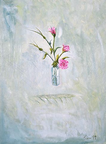 still life of small roses in a bottle in oil on canvas