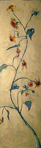 sunflowers painted in oil on panel with gold encaustic background