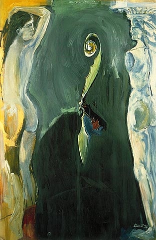 allegorical symbolic figurative painting in oil on paper