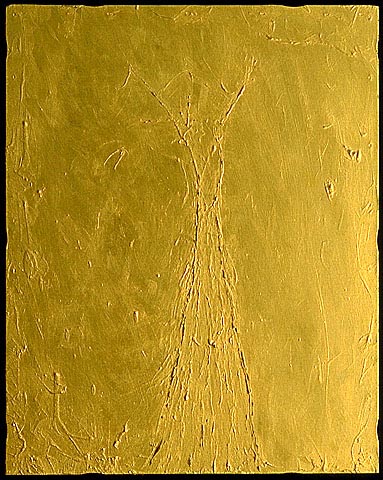 shallow relief of Daphne in gold encaustic on panel