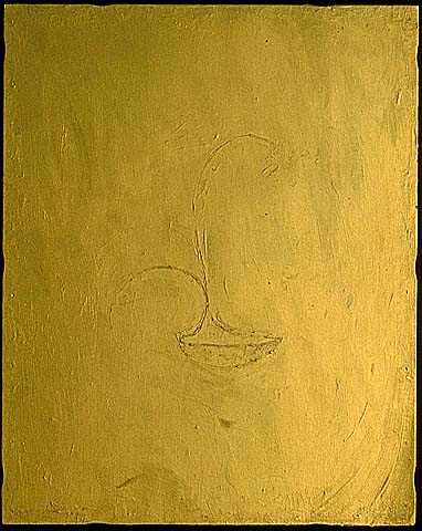 shallow relief of sculpture study in gold encaustic on panel