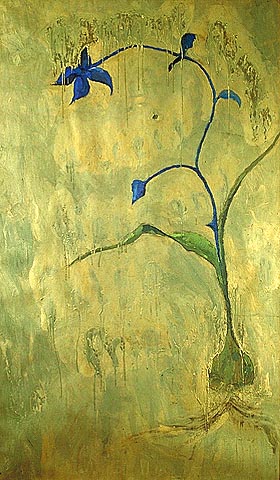 large allegorical symbolist flower garlic painting in oil and gold encaustic on paper