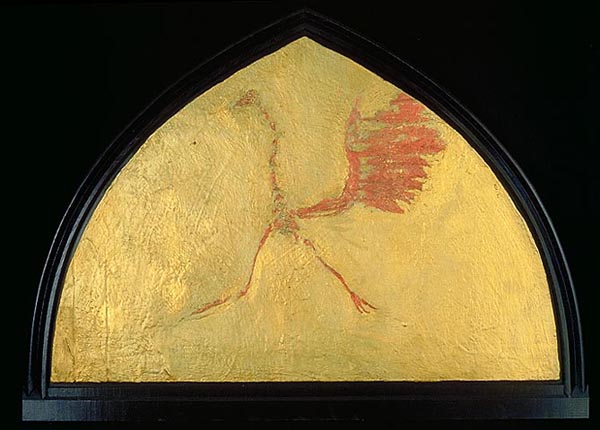 relief of prehistoric bird skeleton in gold an red metallic encaustic on framed gothic shaped panel