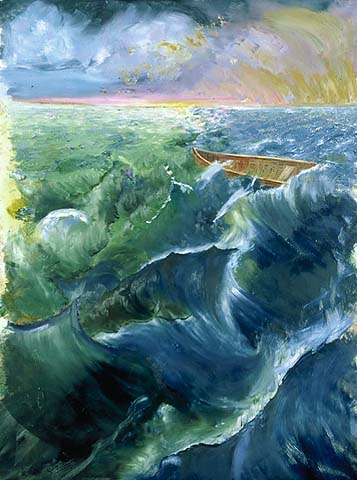 canoe lost at sea in the sunset oil on canvas