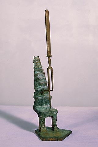 this whimsical piece refers to Duchamp's Nude Descending a Staircase with the delicate authority of a master sculptor incorporating the form of the two tined fork as figure in this dreamlike image