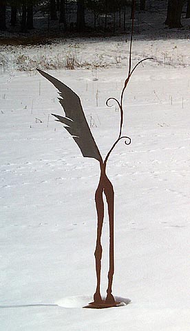 Large winged figurative sculpture in steel and bronze