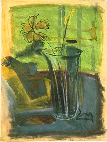 beautiful mixed media work in watercolor and pastel showing a vase with cosmos and objects from the artist's studio